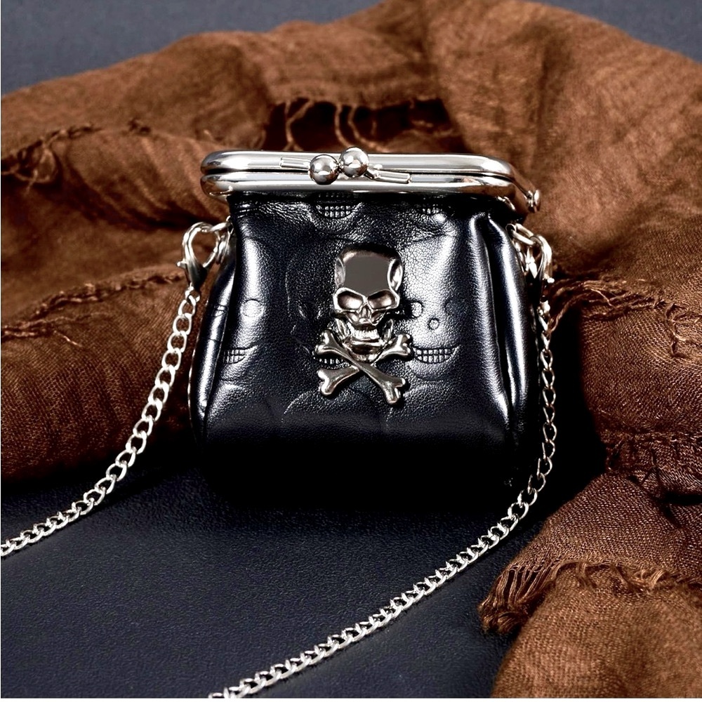 💀NEW Skull Mini Kiss Lock Crossbody Bag Chain Strap Black Silver Goth Horror